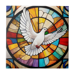 Colorful White Dove Stained Glass Bird Ceramic Tile