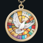 Colorful White Dove Stained Glass Bird Gold Plated Necklace<br><div class="desc">white dove stained glass, colorful bird in flight, multicolored stain glass art, multicolor holy ghost spirit, sacrament of confirmation, religious catholic christian symbol, peaceful peace sign, christianity church window circle, pentecost, sacred biblical bible iconography</div>