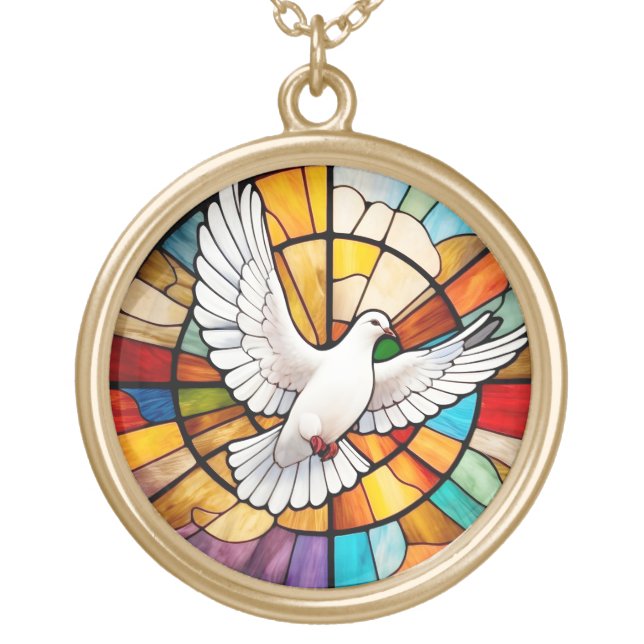 Colorful White Dove Stained Glass Bird Gold Plated Necklace (Front)