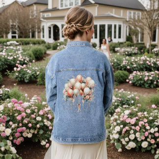 Colorful White Peach Floral Balloons Elegant Party Denim Jacket