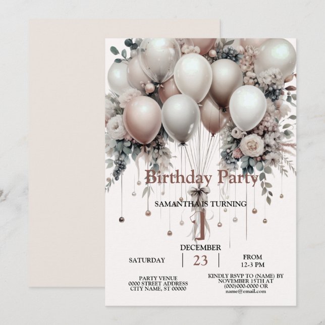 Colorful White Peach Floral Balloons Elegant Party Invitation (Front/Back)