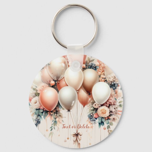 Colorful White Peach Floral Balloons Elegant Party Keychain (Front)