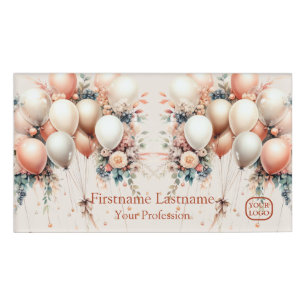 Colorful White Peach Floral Balloons Elegant Party Name Tag