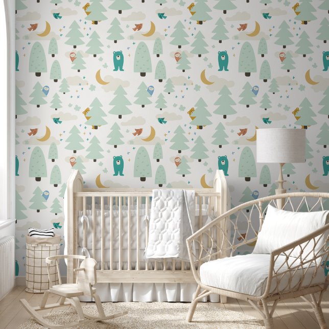 Colorful White Woodland Animal Kids Wallpaper Wallpaper (Kids)