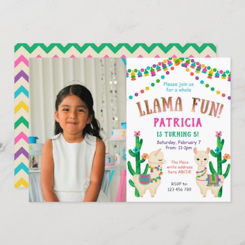 Colorful Whole Llama Fun Birthday Photo Invitation