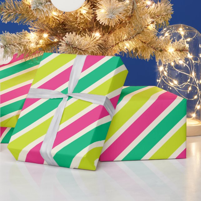 Colorful Wide Stripes Modern Christmas Green Red Wrapping Paper (Holidays)