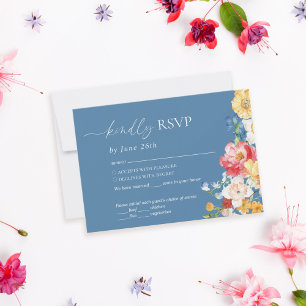 Colorful Widlflower Dusty Blue Wedding RSVP Card
