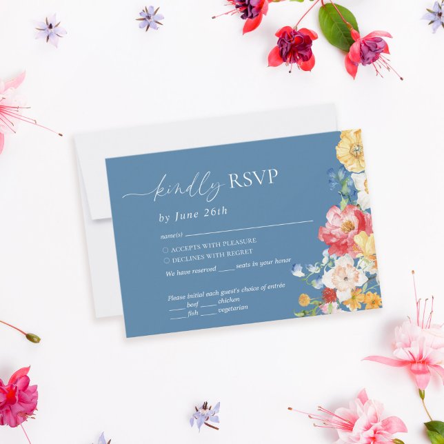 Colorful Widlflower Dusty Blue Wedding RSVP Card (Creator Uploaded)