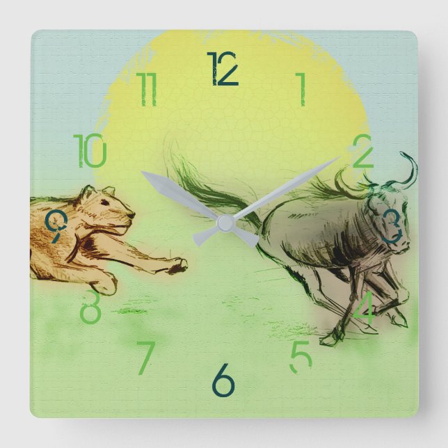 Colorful Wild Animals Chase Drawing, Square Clock (Front)
