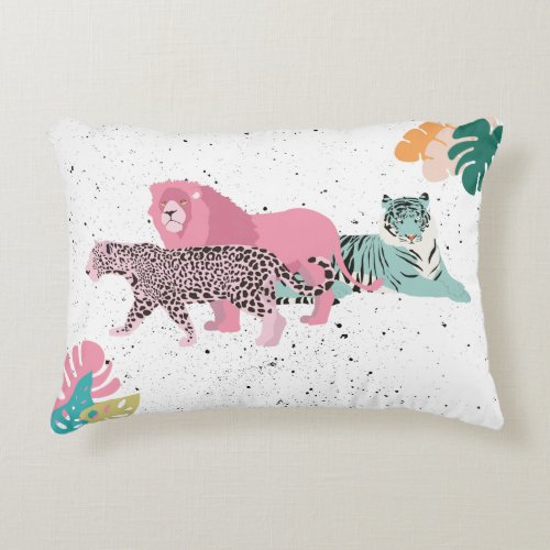 Colorful Wild Animals  Tropical Leaves Accent Pillow