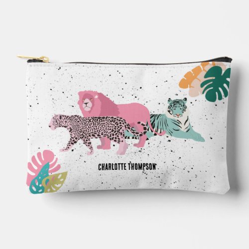 Colorful Wild Animals  Tropical Leaves Accessory Pouch