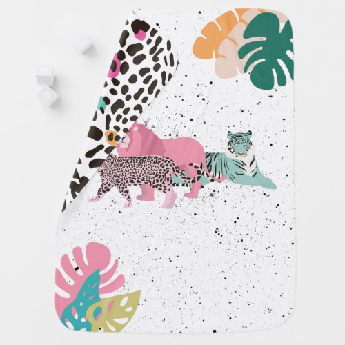 Colorful Wild Animals  Tropical Leaves Baby Blanket