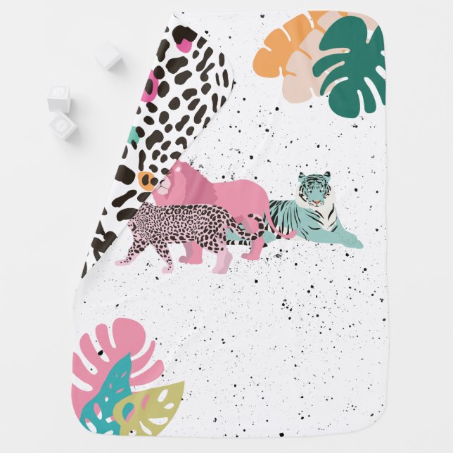 Colorful Wild Animals & Tropical Leaves Baby Blanket (In Situ)