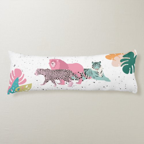 Colorful Wild Animals  Tropical Leaves Body Pillow