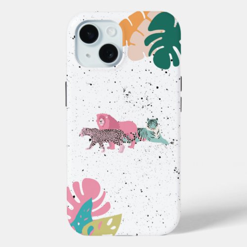 Colorful Wild Animals  Tropical Leaves iPhone 15 Case