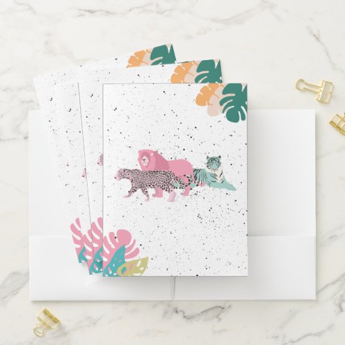 Colorful Wild Animals  Tropical Leaves Pocket Folder