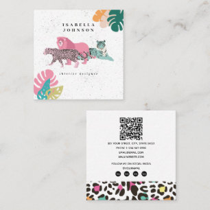 Colorful Wild Animals & Tropical Leaves QR Code Square Business Card
