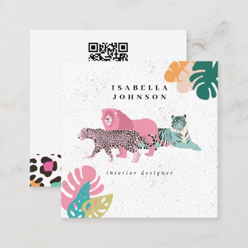 Colorful Wild Animals  Tropical Leaves QR Code Square Business Card