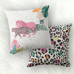 Colorful Wild Animals & Tropical Leaves Throw Pillow