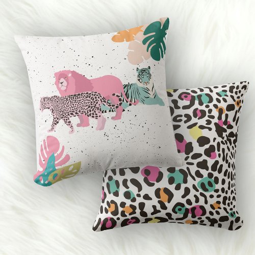 Colorful Wild Animals  Tropical Leaves Throw Pillow
