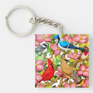Colorful Wild Birds in Dogwood Keychain