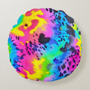 Colorful Wild Cheetah Tye Dye Pattern Round Pillow