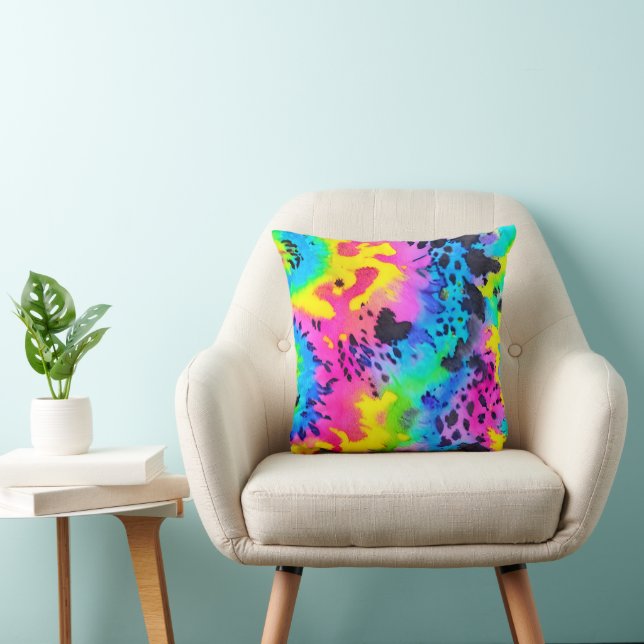 Colorful Wild Cheetah Tye Dye Pattern Throw Pillow (Chair)