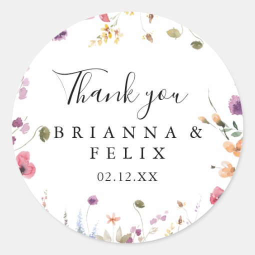 Colorful Wild Floral Thank You Wedding Favor Classic Round Sticker | Zazzle