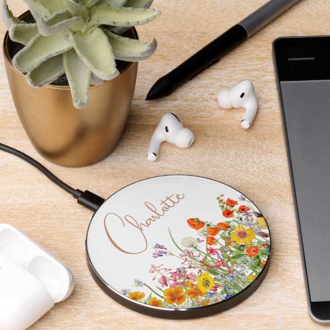 Colorful Wild Flowers Country Botanical Name Wireless Charger (Desk 2)