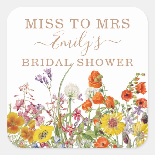 Colorful Wild Flowers Country Floral Miss To Mrs Square Sticker