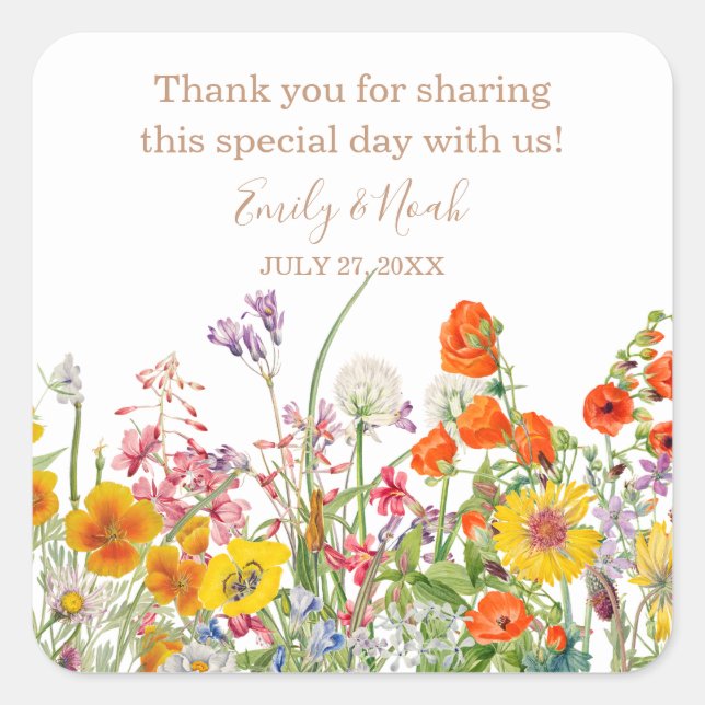 Colorful Wild Flowers Country Wedding Square Sticker (Front)