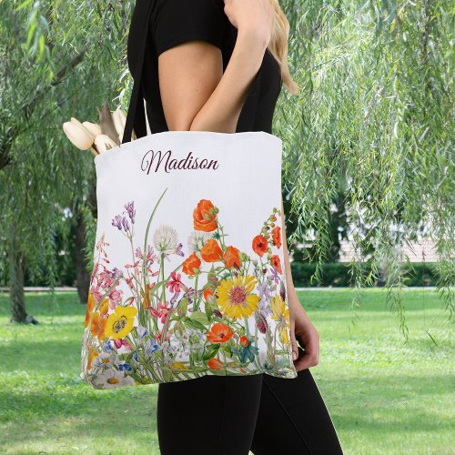 Colorful Wild Flowers Pretty Girly Personalized Tote Bag