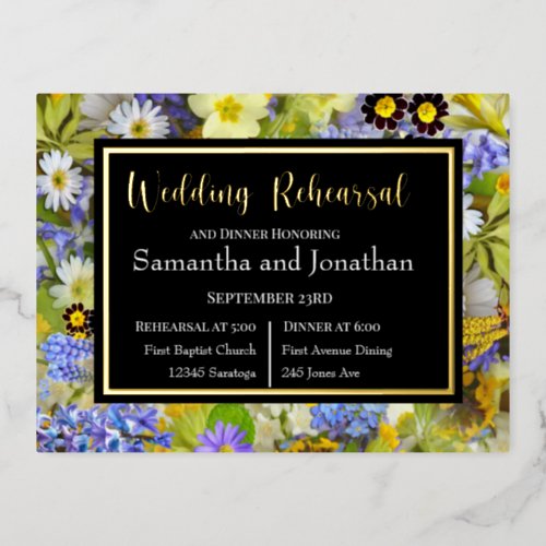 Colorful Wild Flowers Wedding Rehearsal Foil Invitation Postcard