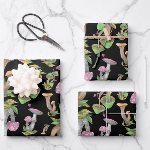 Colorful Wild Forest Mushrooms Black Wrapping Paper Sheets