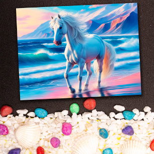 Colorful wild horses mustang coastal landscape postcard