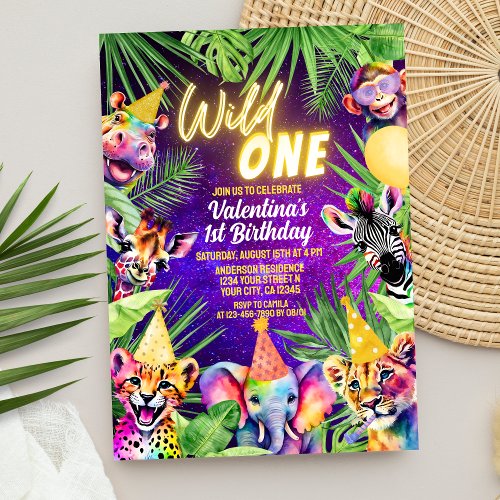 Colorful Wild One Safari Animals 1st Birthday  Invitation