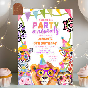 Colorful Wild One Safari Animals Birthday Invitation