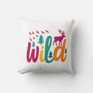 Colorful Wild Print with Forest and Deer Graphic Throw Pillow
