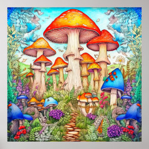 Colorful Wild Psychedelic Mushroom Forest Poster