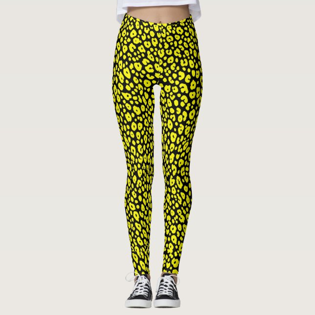 Colorful Wild Yellow Black Leopard Print Pattern Leggings (Front)