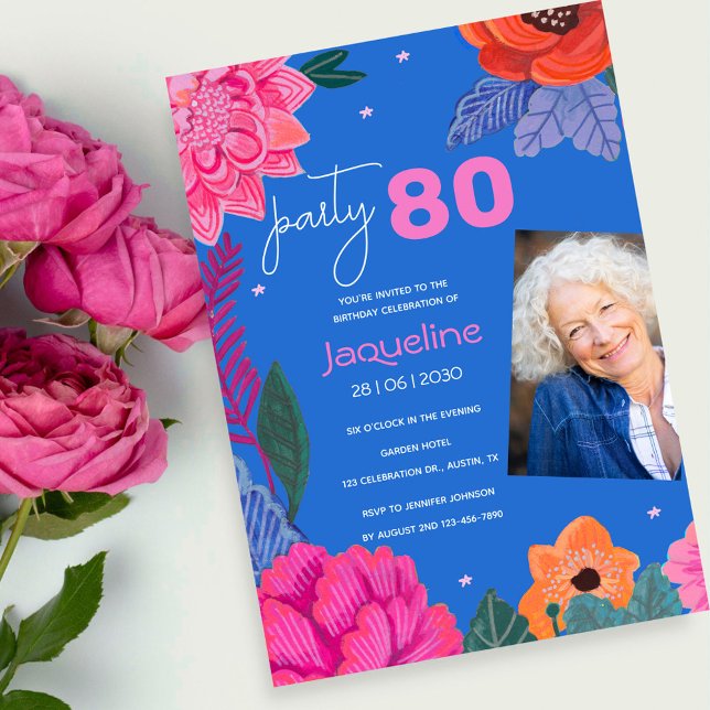 Colorful Wildflower 80th Birthday Party Photo Invitation (Bright Wildflower Summer Birthday Party Invitation)