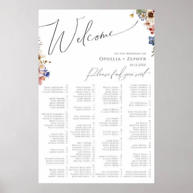 Colorful Wildflower | Alphabetical Seating Chart (Front)