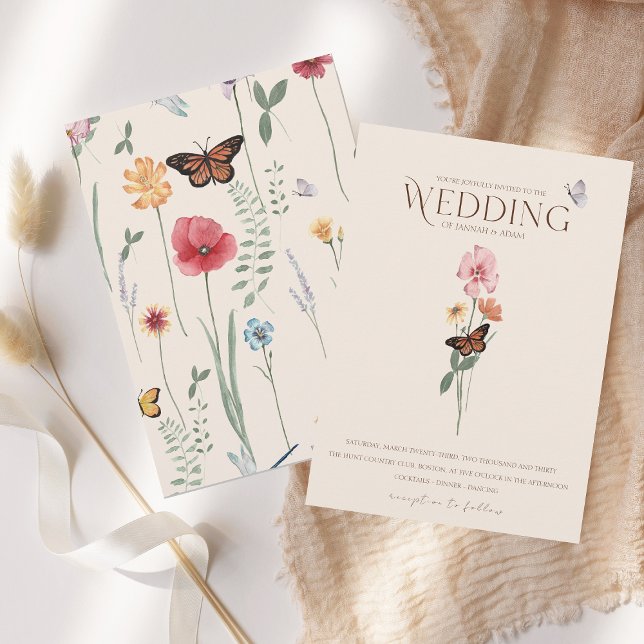 Colorful Wildflower and Butterfly Floral Wedding Invitation (Simple Colorful Wildflower Floral Wedding Invitation)