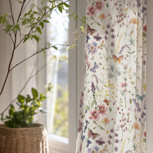 Colorful Wildflower and Butterfly Watercolor Sheer Curtains