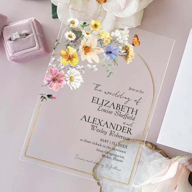 Colorful Wildflower Arch Gold Frame | Boho Wedding Acrylic Invitations (Creator Uploaded)