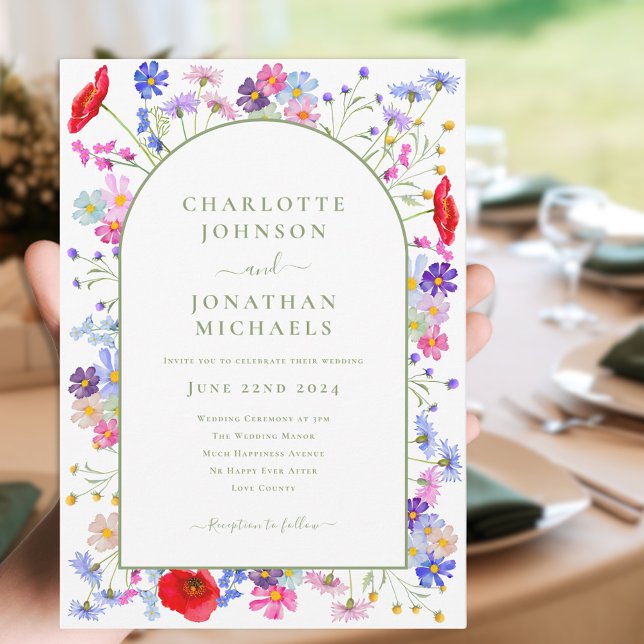 Colorful Wildflower Arch Invitation (Colorful wildflower arch with elegant green typography script wedding invitation )