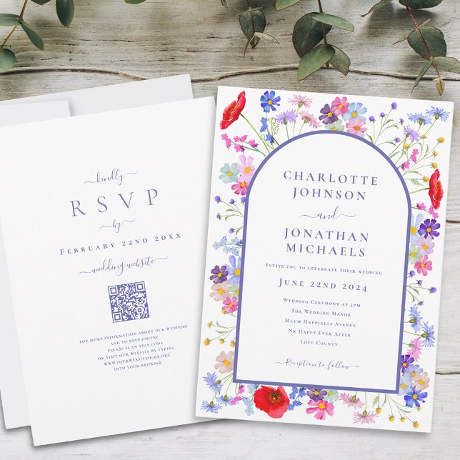 Colorful Wildflower Arch Website QR Code Invitation (Colorful wildflower watercolor arch purple typography script wedding invitation with website qr code)