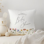 Colorful Wildflower Baby Shower Throw Pillow<br><div class="desc">This colorful wildflower baby shower throw pillow is perfect for your simple, whimsical, boho rainbow summer baby shower. The bright, enchanted pink, yellow, orange, and gold color florals give this product the feel of a minimalist, elegant, vintage hippie spring garden. The modern design is artsy and delicate, portraying a classic...</div>
