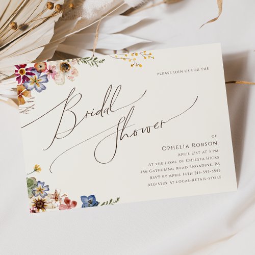 Colorful Wildflower Beige Horizontal Bridal Shower Invitation