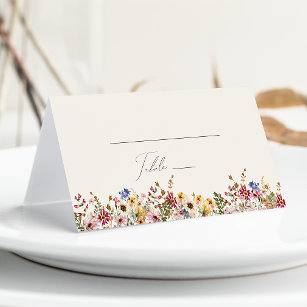 Colorful Wildflower   Beige Meadow Folded Place Card